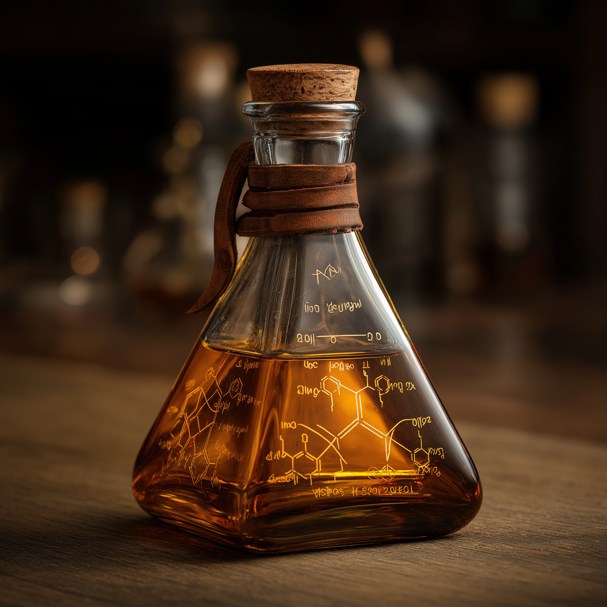 Estudio B — frasco de botica con fórmulas alquímicas