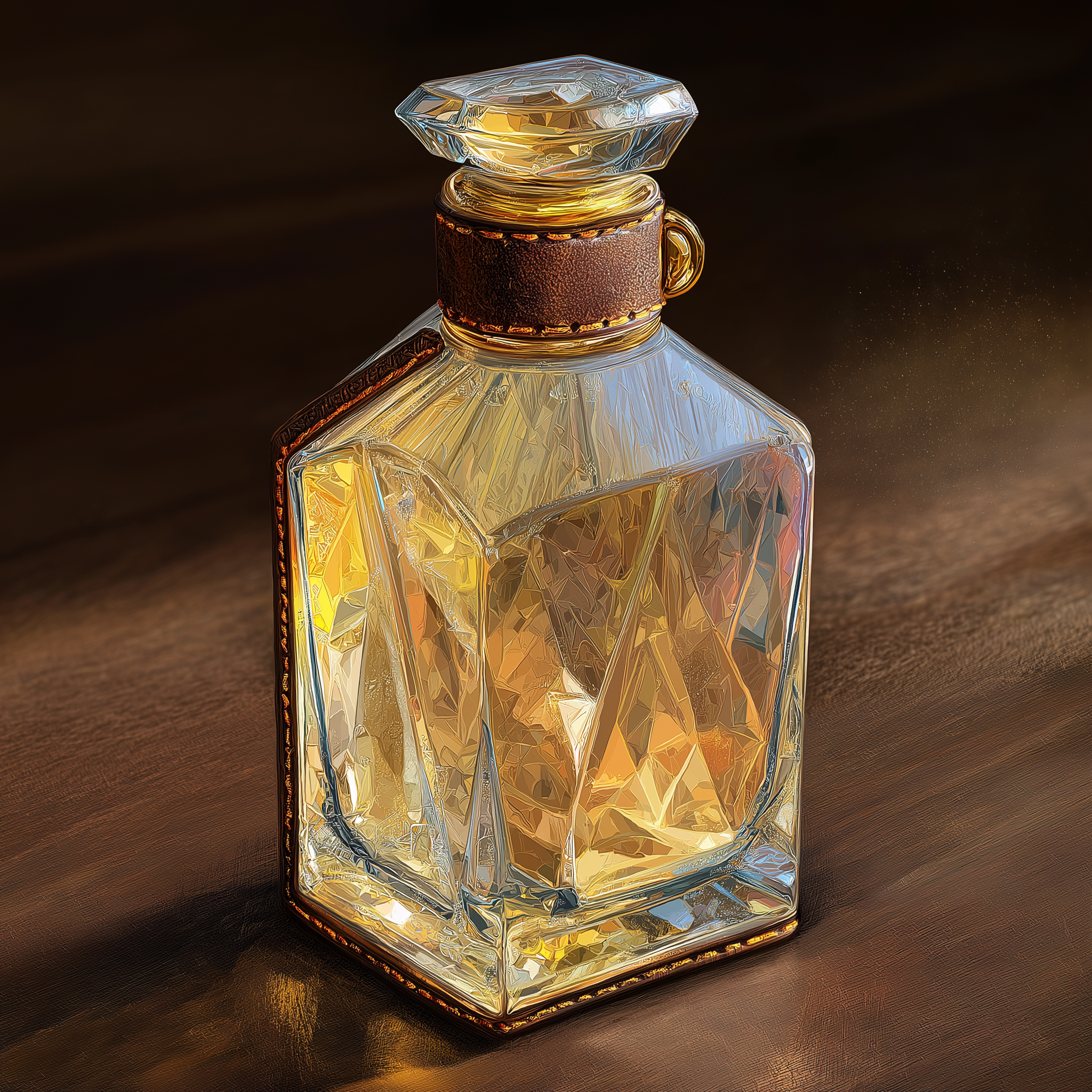 Estudio C — decantador tallado en facetas con collar de cuero